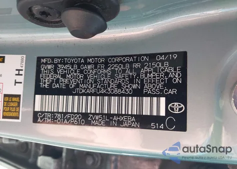 2019 Toyota Prius Le из США, поврежденный, VIN JTDKARFU4K3088430